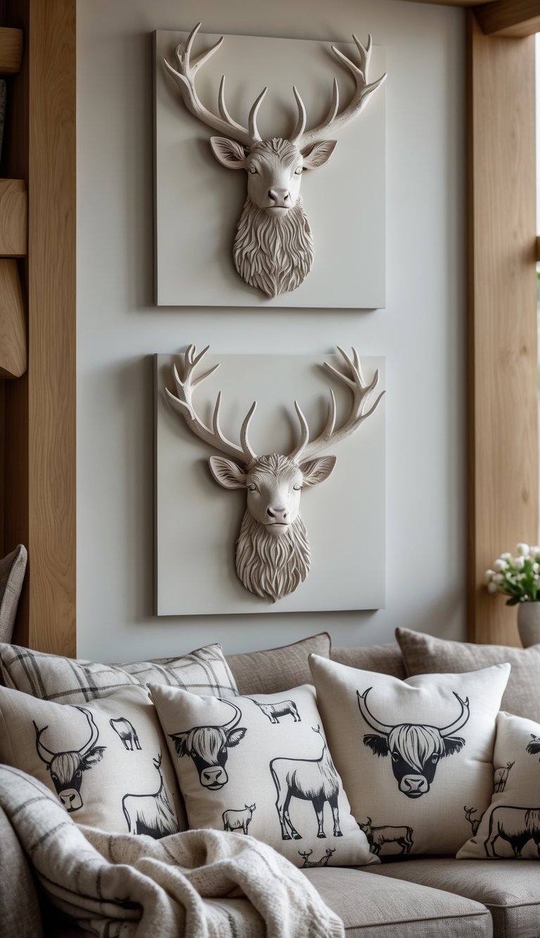 13 Scottish Highland Home Decor Ideas to Bring Rustic Elegance to Your Space 3 A cozy living room with wall art and cushions featuring stag and Highland cow designs.