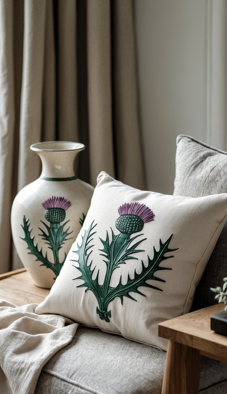 13 Scottish Highland Home Decor Ideas to Bring Rustic Elegance to Your Space 5 Close-up of home decor accents featuring vintage Scottish thistle emblems on a ceramic vase and throw pillow in a simple room setting.