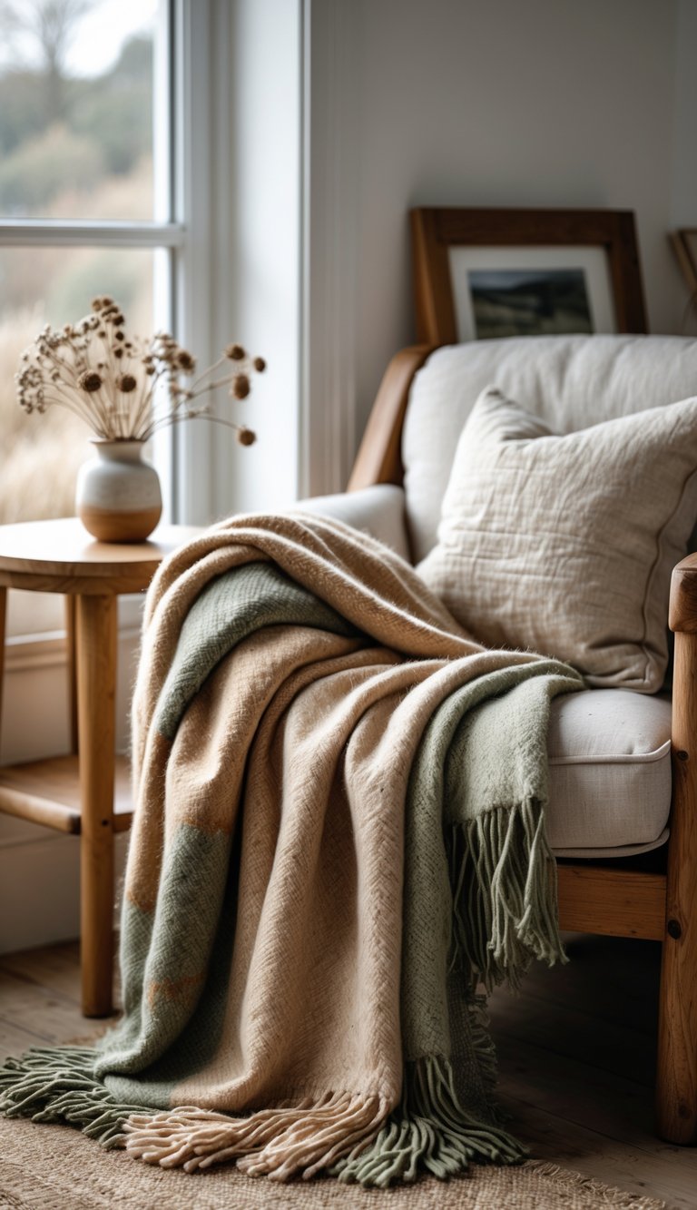 13 Scottish Highland Home Decor Ideas to Bring Rustic Elegance to Your Space 7 A rustic wooden armchair with a cozy wool throw in natural earth tones draped over it, next to a wooden side table with a small vase of dried flowers.