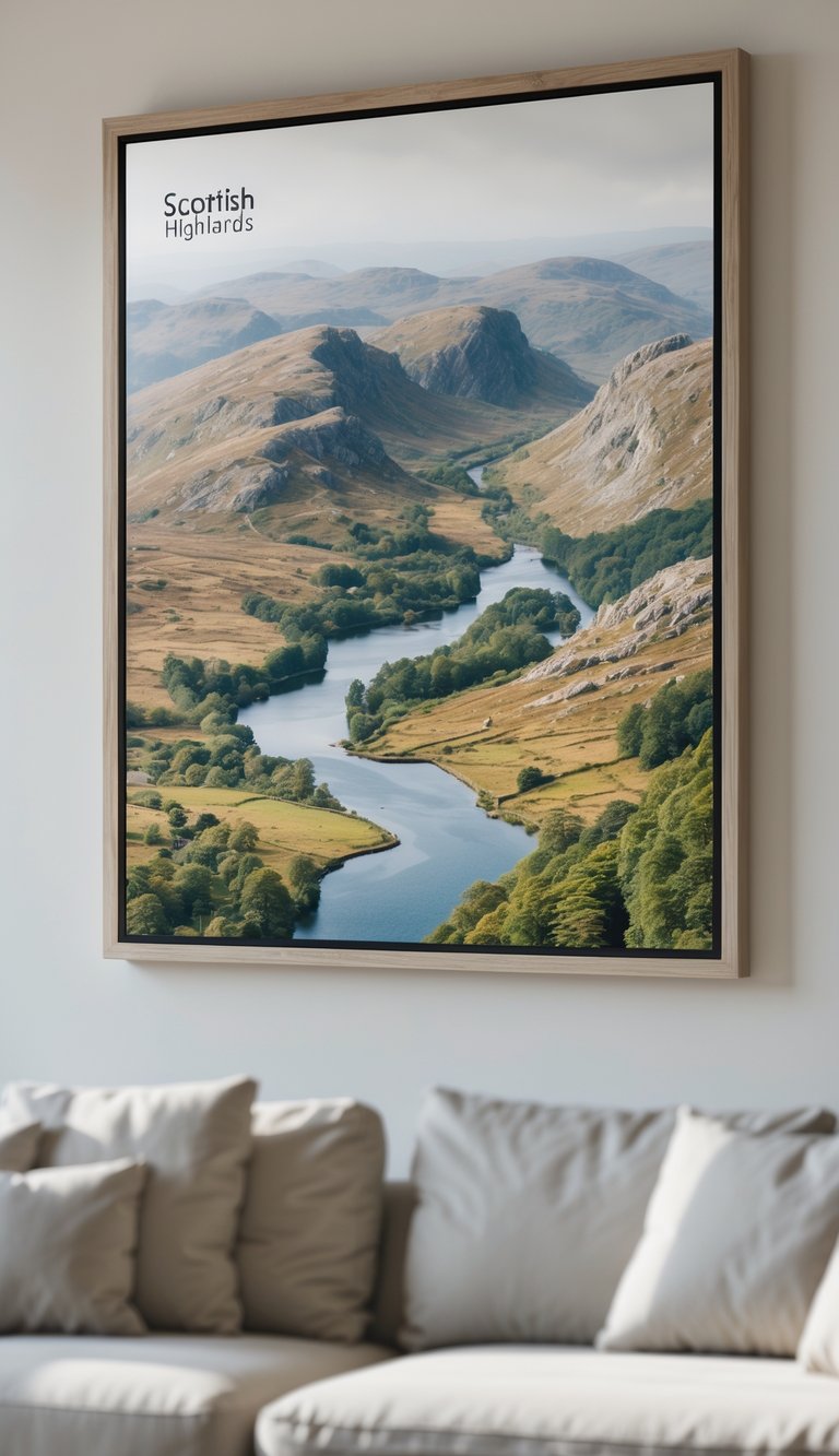 13 Scottish Highland Home Decor Ideas to Bring Rustic Elegance to Your Space 8 A framed map or landscape of the Scottish Highlands hanging on a neutral wall in a modern living space.