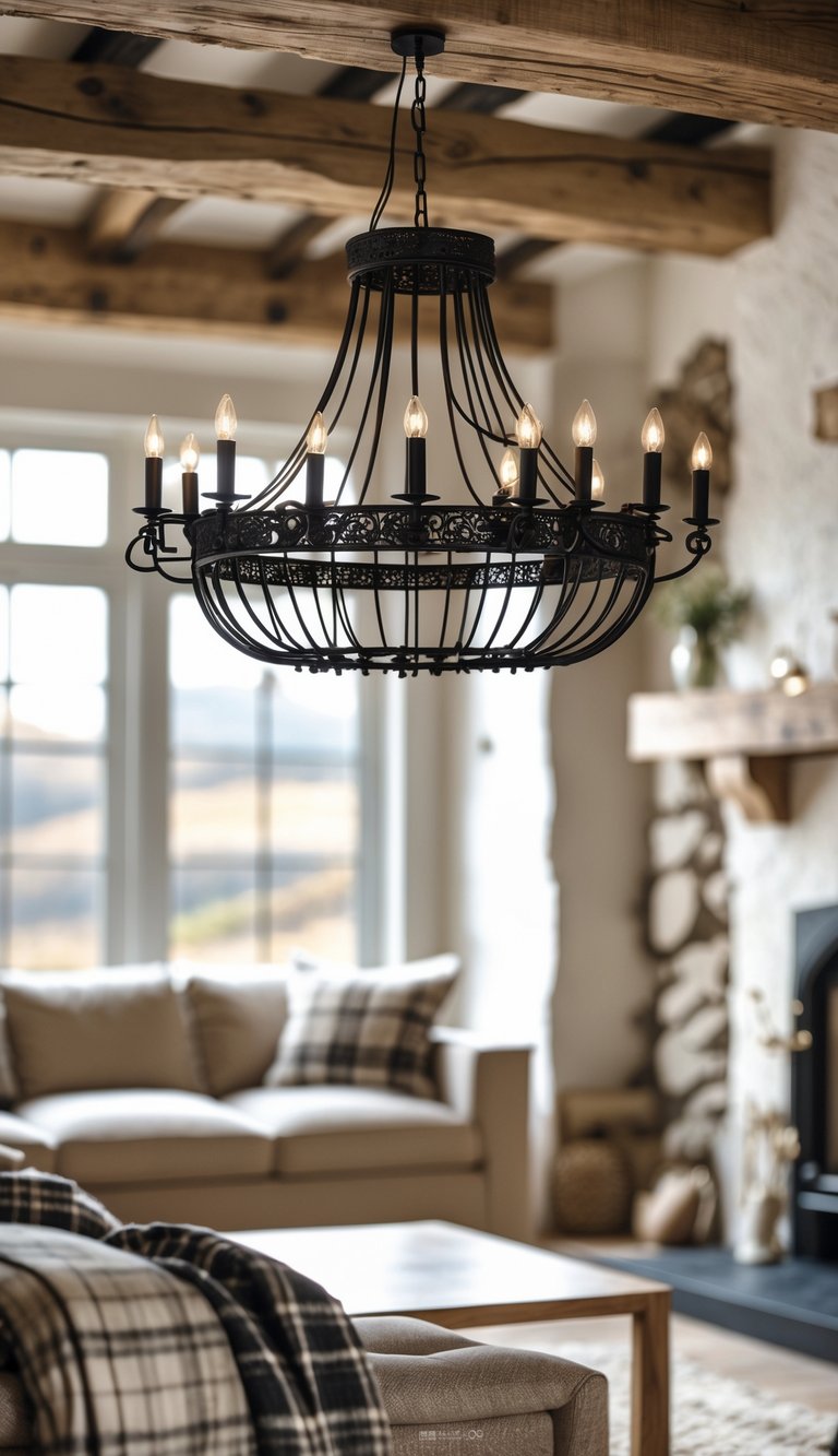 13 Scottish Highland Home Decor Ideas to Bring Rustic Elegance to Your Space 9 A cozy living room with wrought iron lighting, wooden beams, stone walls, and rustic furniture.