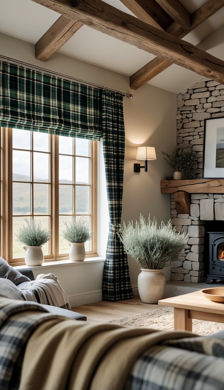 13 Scottish Highland Home Decor Ideas to Bring Rustic Elegance to Your Space 10 A cozy living room with windows covered by plaid curtains or Roman blinds, rustic wooden beams, a stone fireplace, and natural light coming through.