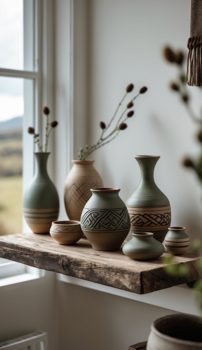 13 Scottish Highland Home Decor Ideas to Bring Rustic Elegance to Your Space 11 A cozy home corner with handcrafted pottery on a wooden shelf and a window showing Highland hills in the background.
