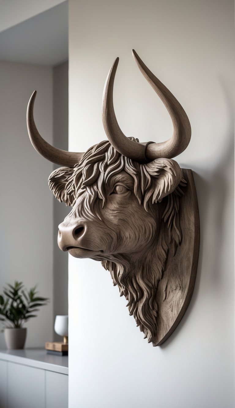 13 Scottish Highland Home Decor Ideas to Bring Rustic Elegance to Your Space 12 A detailed sculpture of a Scottish Highland cow head mounted on a neutral wall in a modern home interior.