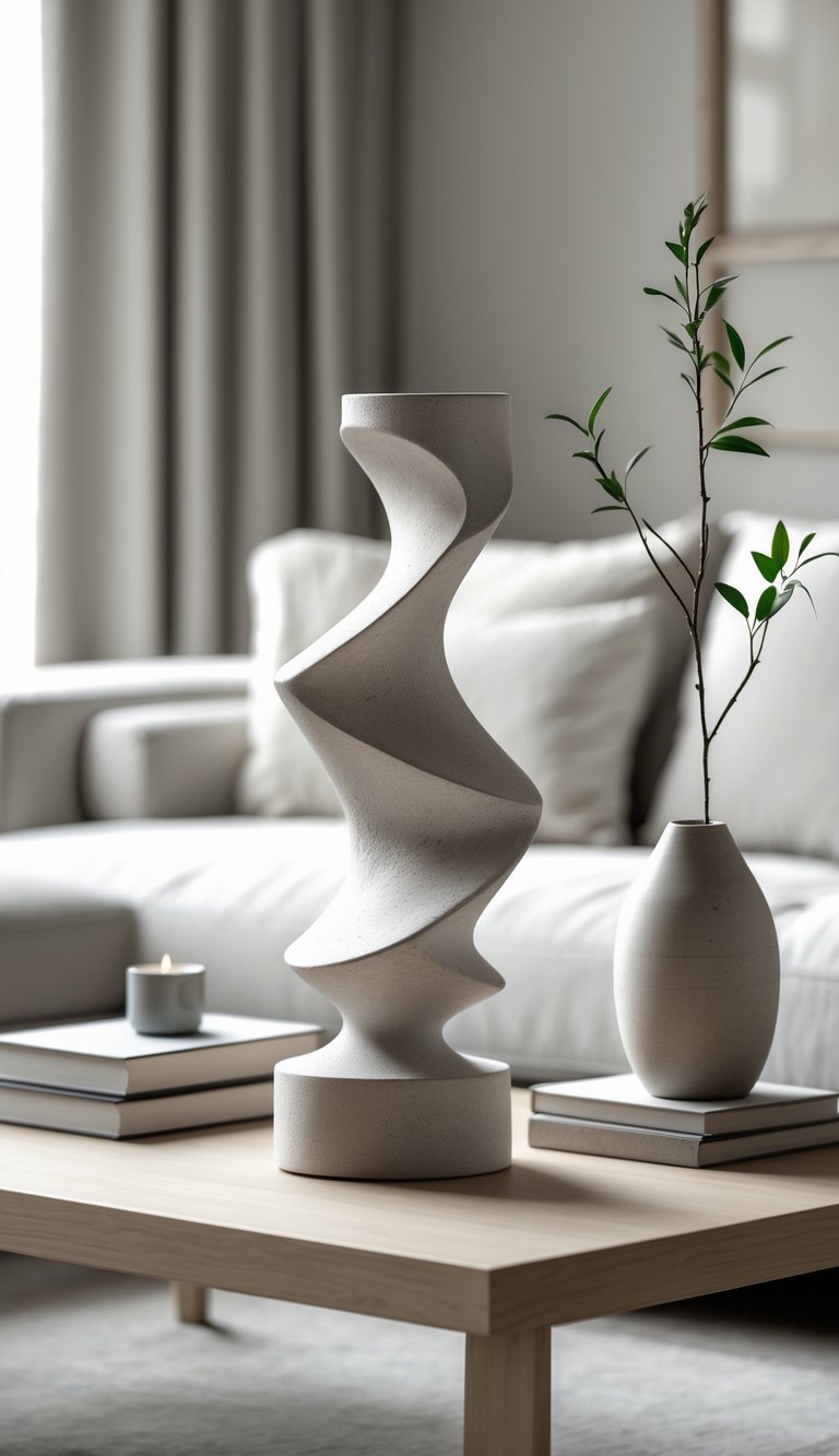 8 Coffee Table Arrangement Ideas to Elevate Your Living Room Style 1 A coffee table with a sculptural centerpiece surrounded by a few decorative items in a living room setting.