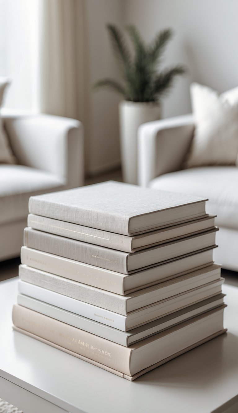 8 Coffee Table Arrangement Ideas to Elevate Your Living Room Style 2 A stack of coffee table books of different sizes arranged neatly on a coffee table.