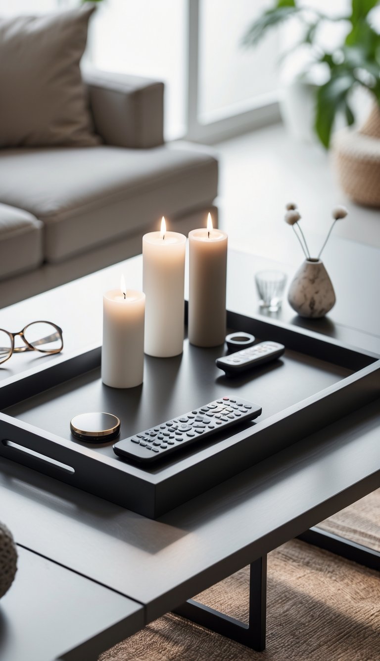 8 Coffee Table Arrangement Ideas to Elevate Your Living Room Style 3 A coffee table with a decorative tray holding candles, remote controls, and small accessories in a clean living room setting.
