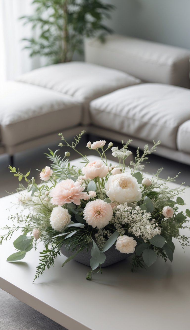 8 Coffee Table Arrangement Ideas to Elevate Your Living Room Style 4 A low floral arrangement with seasonal blooms on a coffee table.