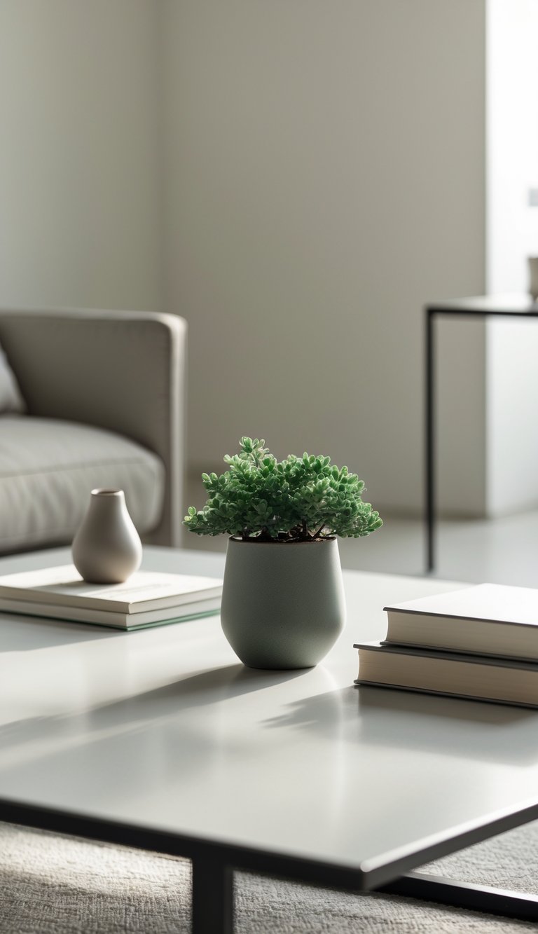 8 Coffee Table Arrangement Ideas to Elevate Your Living Room Style 5 A coffee table with a small potted succulent, books, and a ceramic vase arranged neatly.