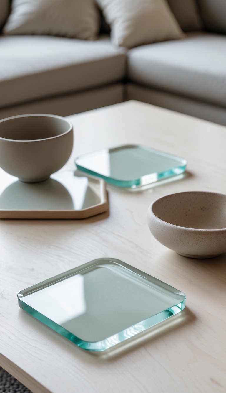 8 Coffee Table Arrangement Ideas to Elevate Your Living Room Style 6 A coffee table with glass coasters and ceramic bowls arranged together.