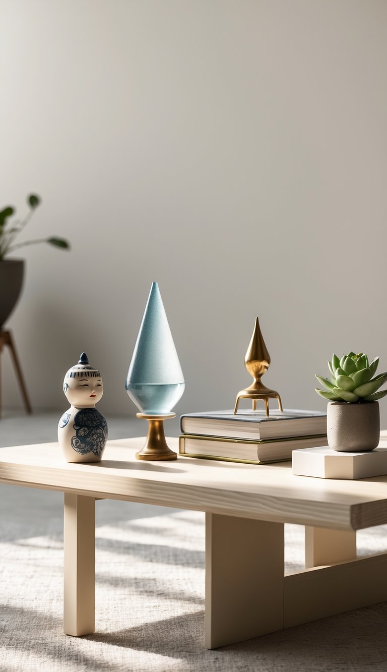 8 Coffee Table Arrangement Ideas to Elevate Your Living Room Style 7 A modern coffee table with unique collectible trinkets, art objects, books, and a small potted plant arranged neatly.