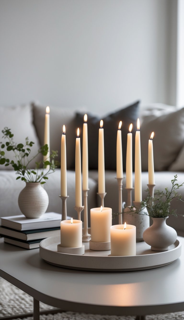 8 Coffee Table Arrangement Ideas to Elevate Your Living Room Style 8 A coffee table with candles of different heights arranged alongside books and a vase with greenery.