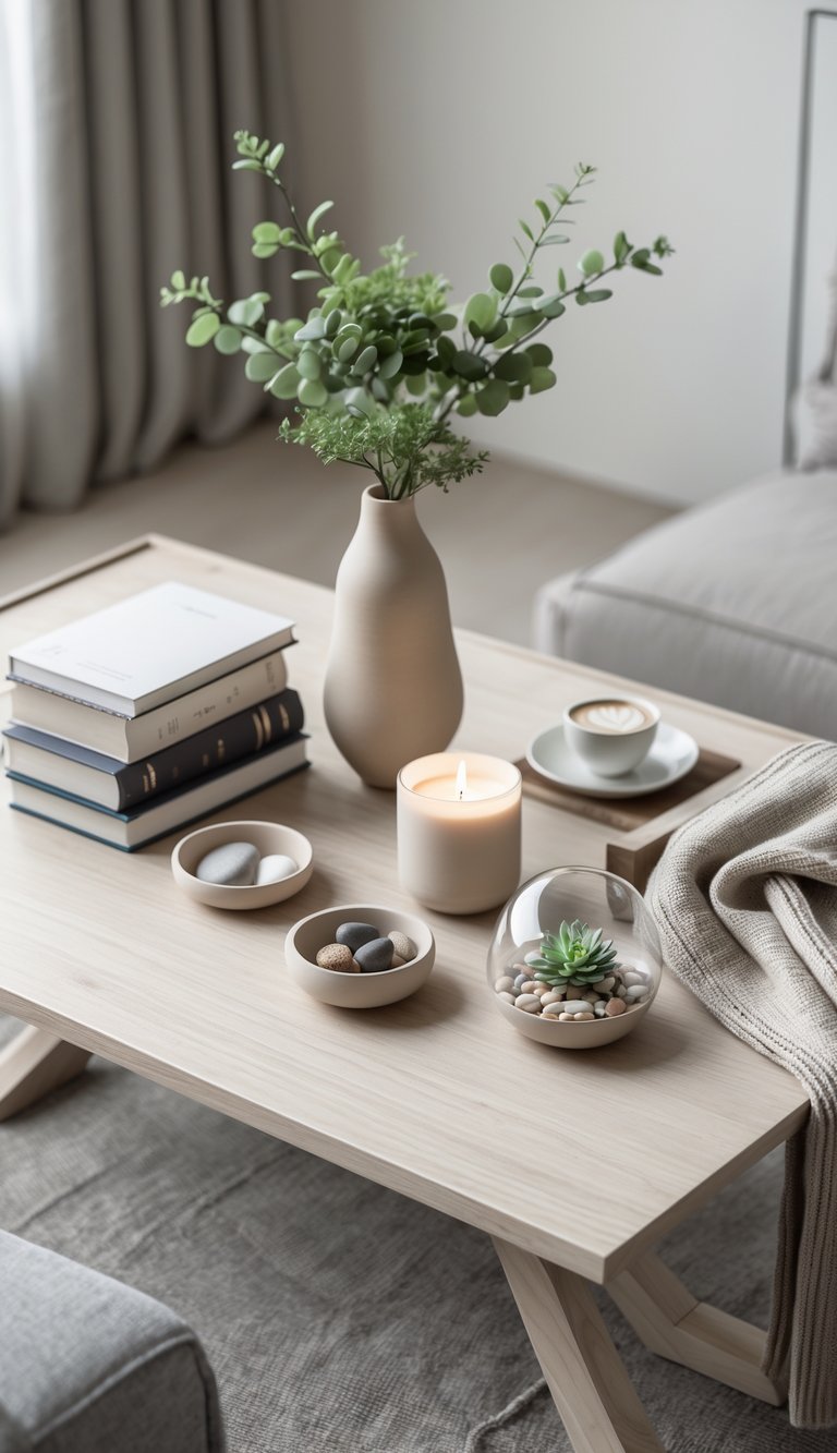 8 Coffee Table Arrangement Ideas to Elevate Your Living Room Style 9 A modern coffee table with a neatly arranged set of decorative items including books, a vase with greenery, a candle, a bowl with stones, a glass terrarium, a sculpture, a throw blanket, and a cup of coffee.
