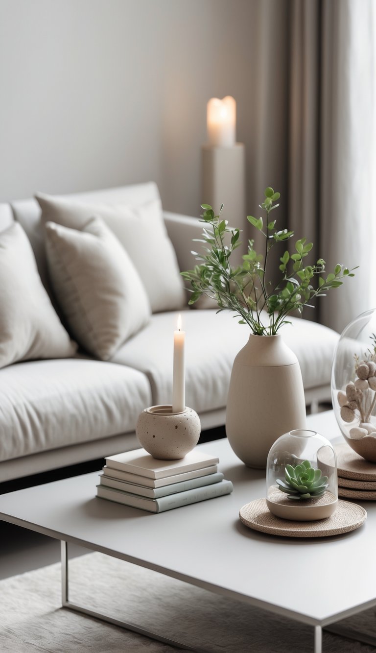 8 Coffee Table Arrangement Ideas to Elevate Your Living Room Style 10 A modern coffee table with eight carefully arranged decorative accessories including books, a vase with greenery, a candle holder, a bowl with natural elements, coasters, an art object, a glass terrarium, and a linen napkin.