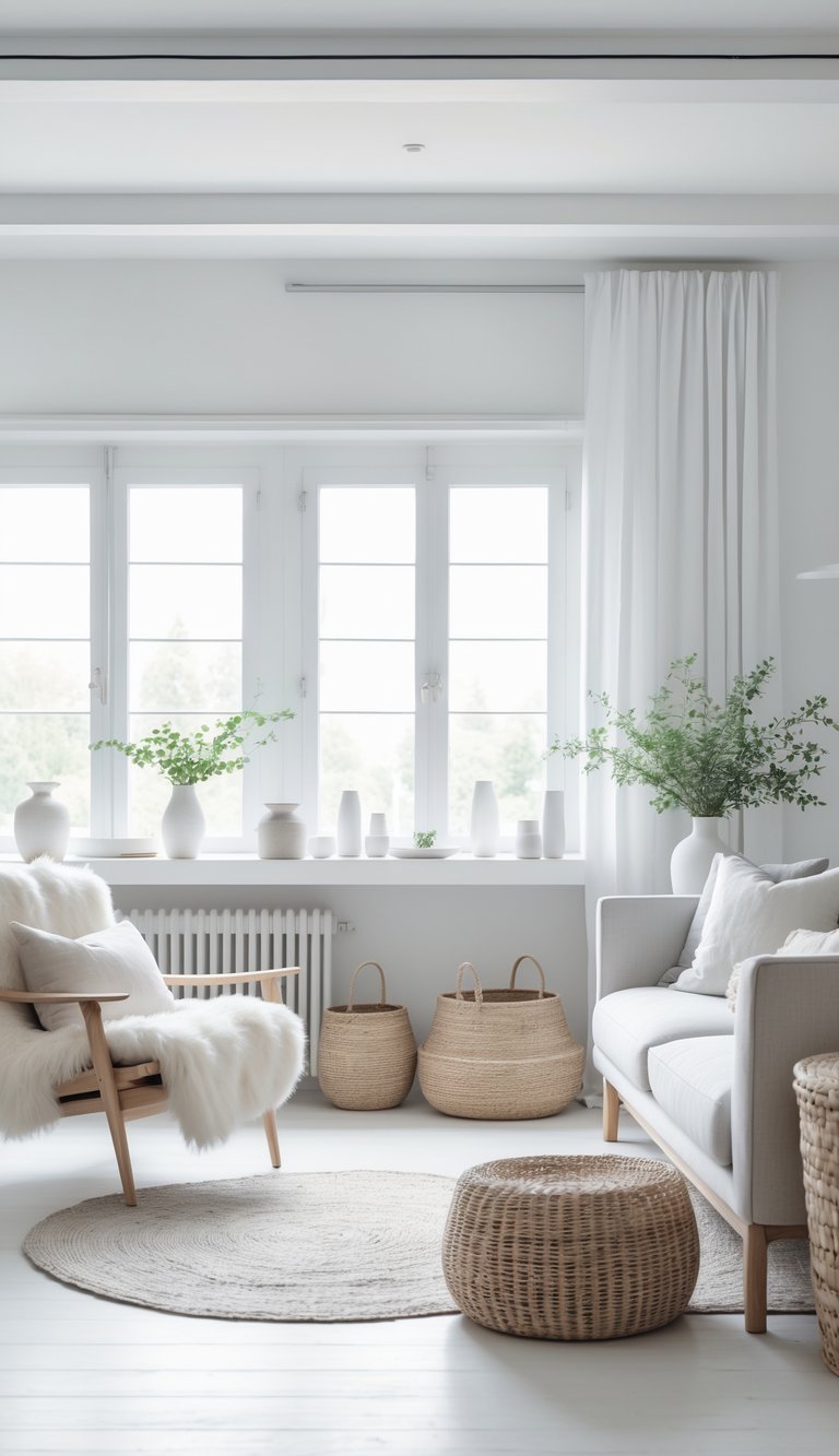 13 Swedish Home Decor Ideas to Create a Calm, Functional, and Stylish Living Space 15 A bright and airy living space featuring light wood furniture, woven baskets, ceramic vases with greenery, and soft textiles arranged neatly.
