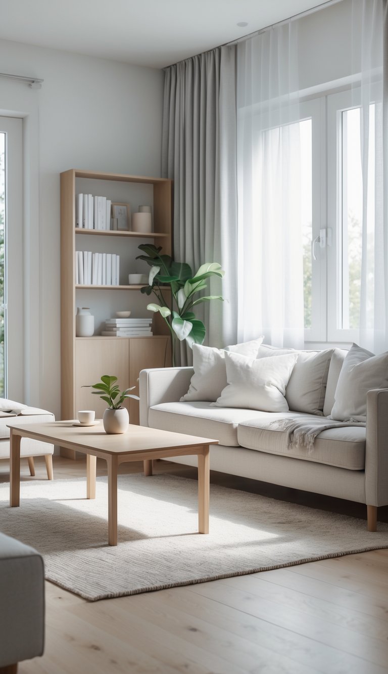 13 Swedish Home Decor Ideas to Create a Calm, Functional, and Stylish Living Space 1 A bright, tidy living room with a simple sofa, wooden coffee table, bookshelf, and natural light coming through large windows.