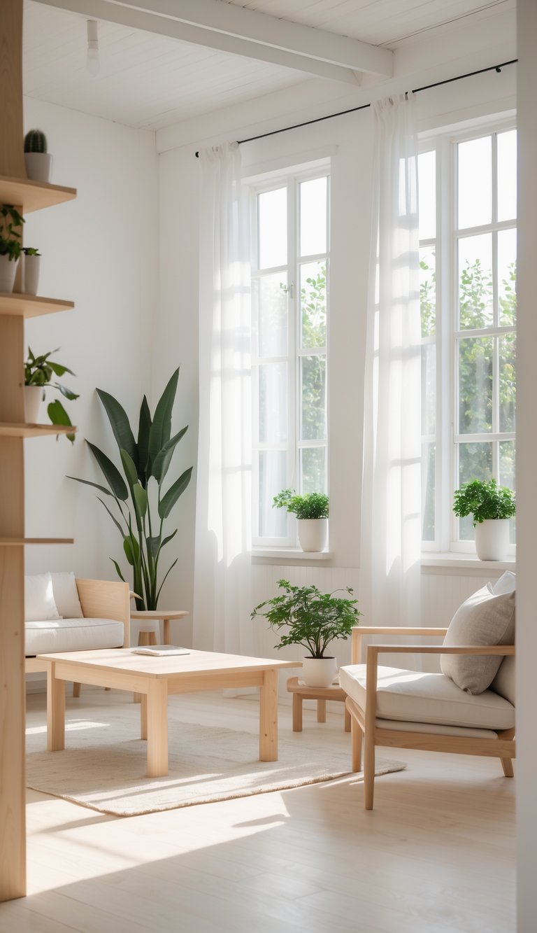 13 Swedish Home Decor Ideas to Create a Calm, Functional, and Stylish Living Space 2 A bright living room with light wood furniture, large windows letting in natural light, and green plants.