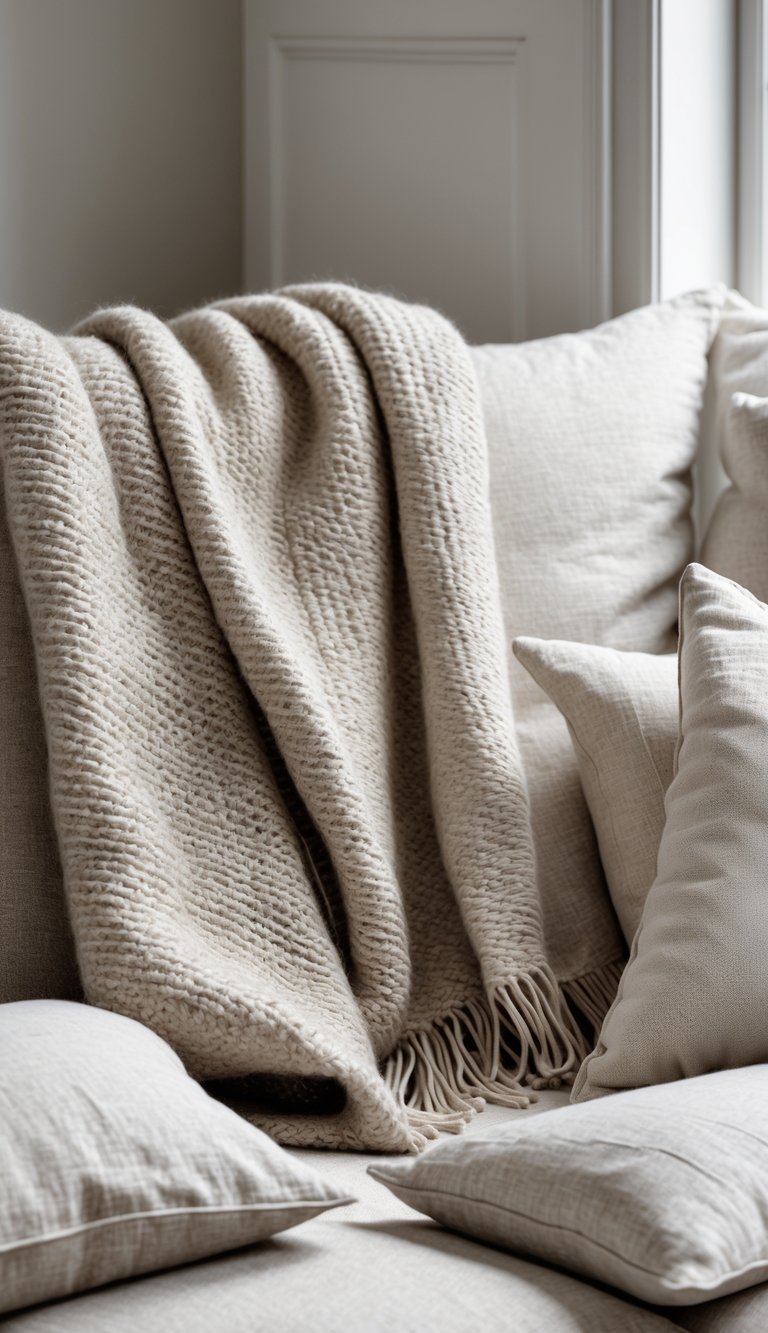 13 Swedish Home Decor Ideas to Create a Calm, Functional, and Stylish Living Space 3 A cozy living room corner with a sofa draped with a wool throw and several linen cushions.