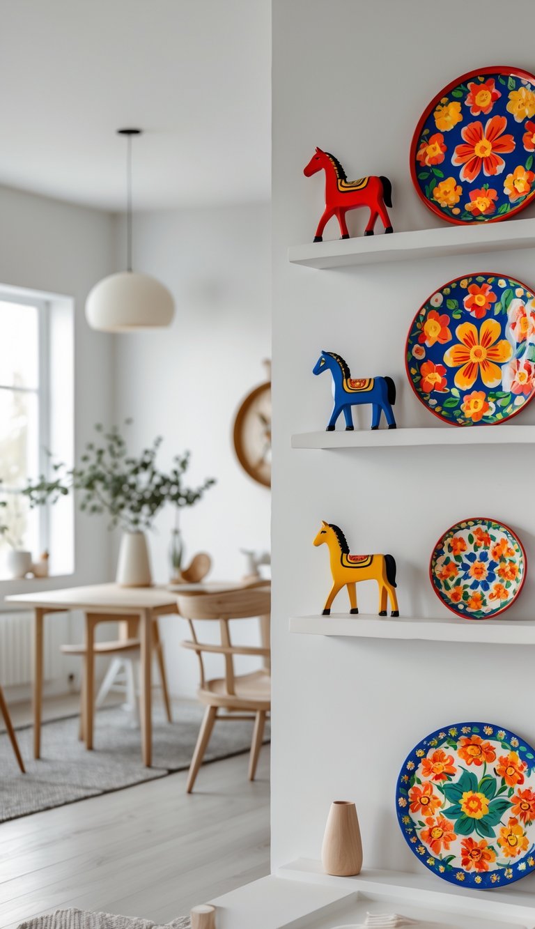 13 Swedish Home Decor Ideas to Create a Calm, Functional, and Stylish Living Space 4 A bright living room with wooden furniture and colorful traditional Swedish folk art decorations on shelves and walls.