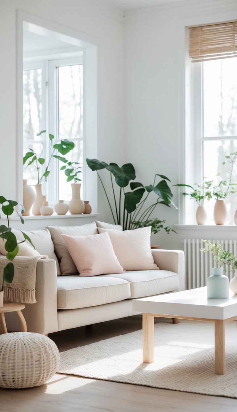 13 Swedish Home Decor Ideas to Create a Calm, Functional, and Stylish Living Space 5 A bright living room with a beige sofa, pastel cushions, white coffee table, wooden accents, and houseplants.