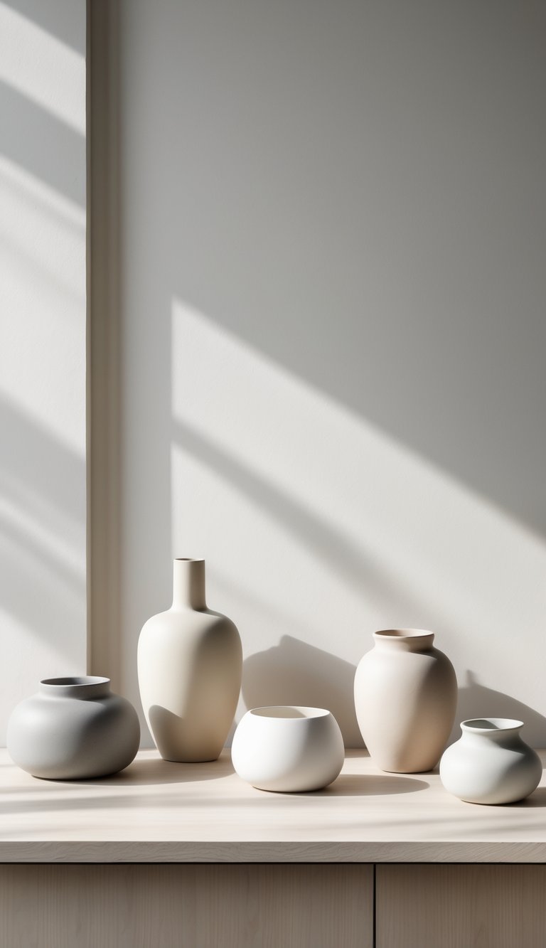 13 Swedish Home Decor Ideas to Create a Calm, Functional, and Stylish Living Space 6 A small collection of simple ceramic vases and bowls arranged on a light wooden surface against a plain off-white wall.