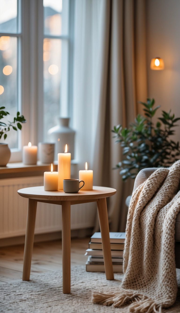 13 Swedish Home Decor Ideas to Create a Calm, Functional, and Stylish Living Space 7 A cozy living room corner with lit candles on a wooden table, a knitted throw on an armchair, books, a ceramic mug, and a small potted plant.