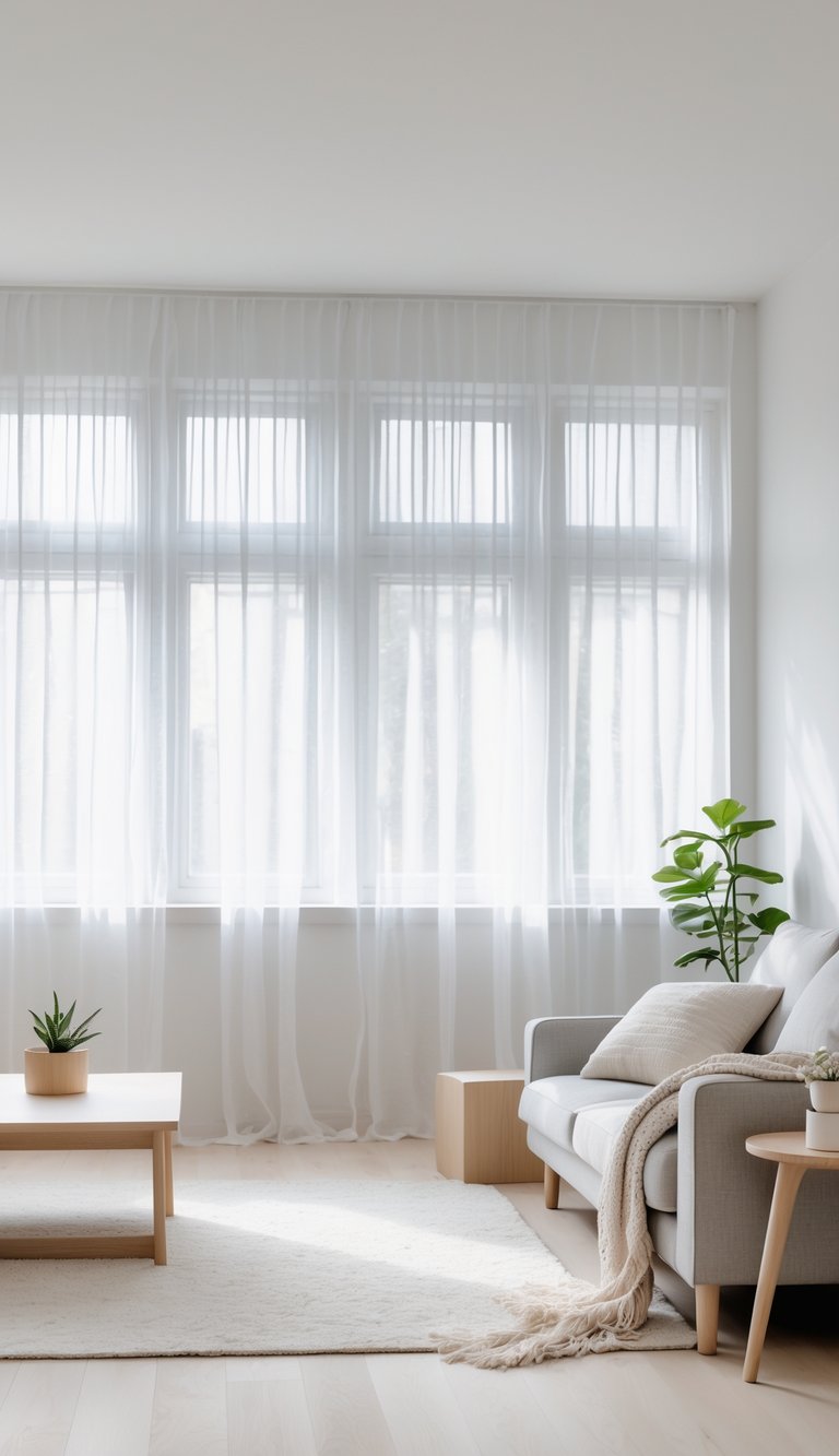 13 Swedish Home Decor Ideas to Create a Calm, Functional, and Stylish Living Space 8 A bright living room with large windows covered by sheer white curtains, a light gray sofa, a wooden side table with a small plant, and pale hardwood floors.