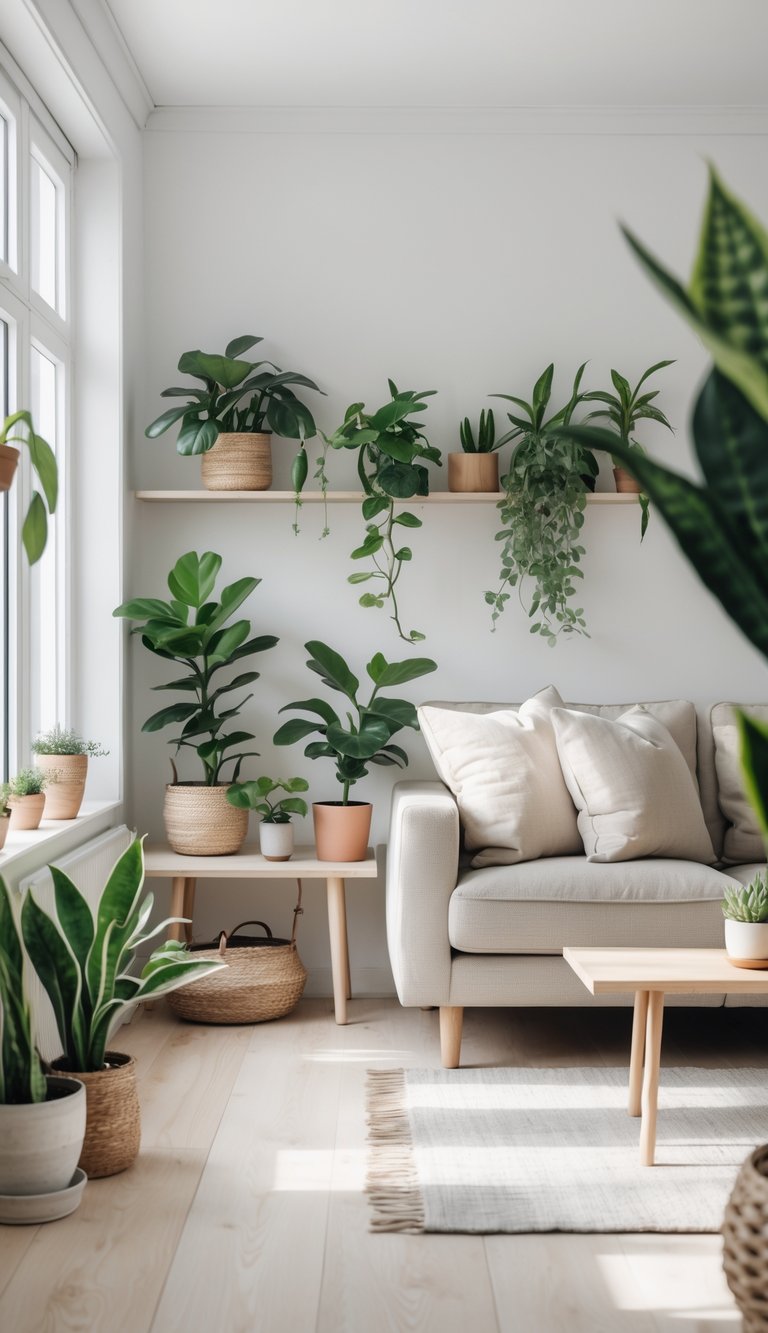 13 Swedish Home Decor Ideas to Create a Calm, Functional, and Stylish Living Space 9 Bright living room with light wood flooring, white walls, and several green indoor plants placed on shelves and tables near a large window.