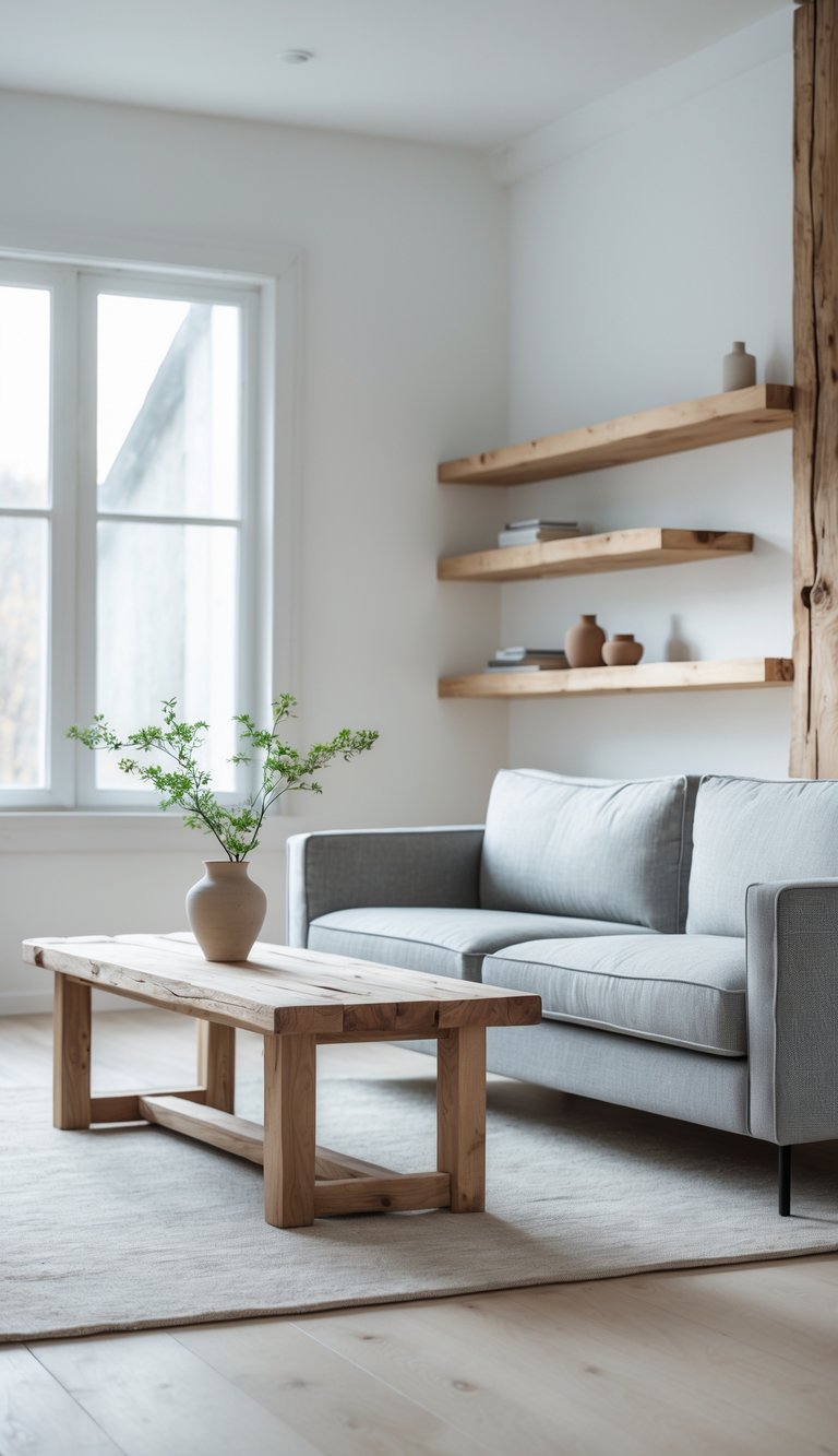 13 Swedish Home Decor Ideas to Create a Calm, Functional, and Stylish Living Space 10 A bright living room with a wooden coffee table, gray sofa, and natural light coming through large windows.