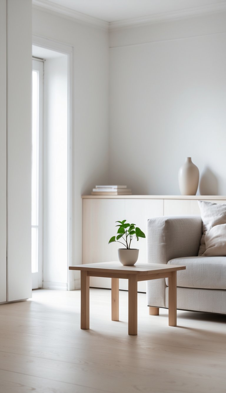13 Swedish Home Decor Ideas to Create a Calm, Functional, and Stylish Living Space 11 Bright living room with a wooden coffee table, small green plant, and a neutral-toned sofa in a clean, uncluttered space.