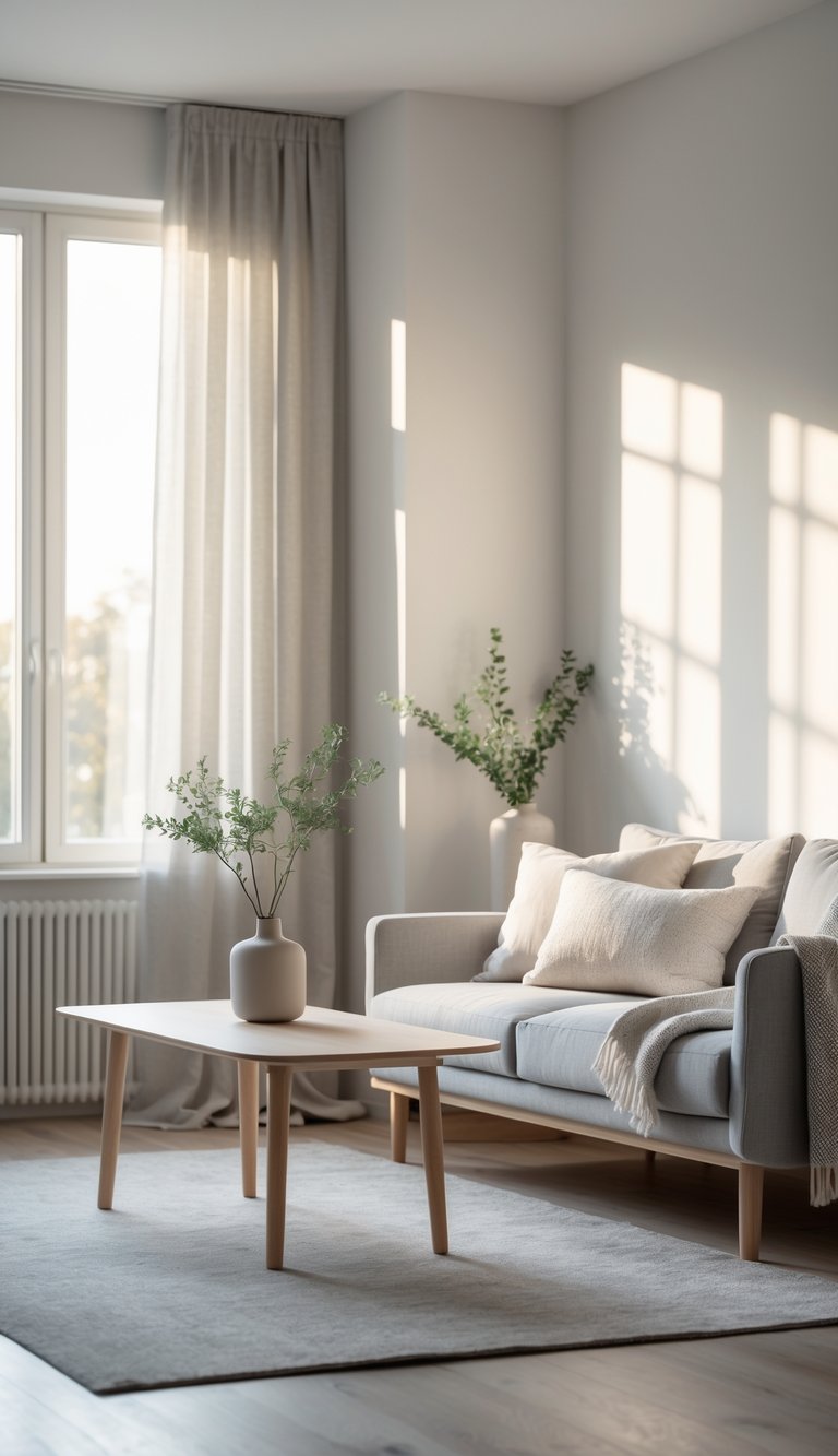 13 Swedish Home Decor Ideas to Create a Calm, Functional, and Stylish Living Space 12 A bright living room with a gray sofa, wooden coffee table, and a vase with green plants near a large window letting in natural light.