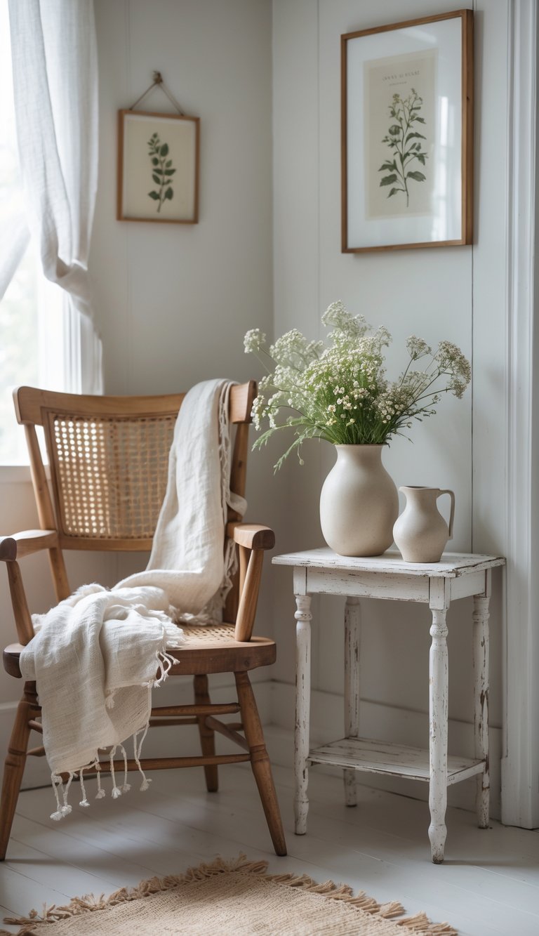 13 Swedish Home Decor Ideas to Create a Calm, Functional, and Stylish Living Space 13 Cozy corner of a Swedish home with vintage wooden furniture, a small side table with flowers, and a woven rug on a light hardwood floor.