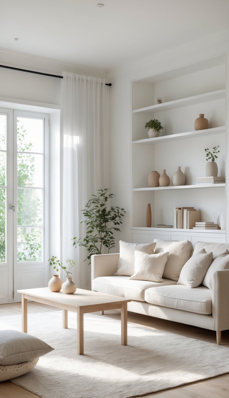 13 Swedish Home Decor Ideas to Create a Calm, Functional, and Stylish Living Space 14 A bright living room with a beige sofa, light wood coffee table, bookshelf with decor items, and large windows letting in natural light.