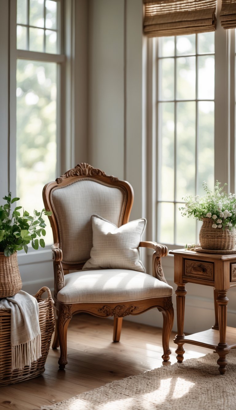 15 Southern Home Decor Secrets to Instantly Warm and Elevate Your Space 1 A cozy living room corner with a vintage wooden armchair and side table, natural light highlighting the wood grain, and a woven basket with greenery nearby.