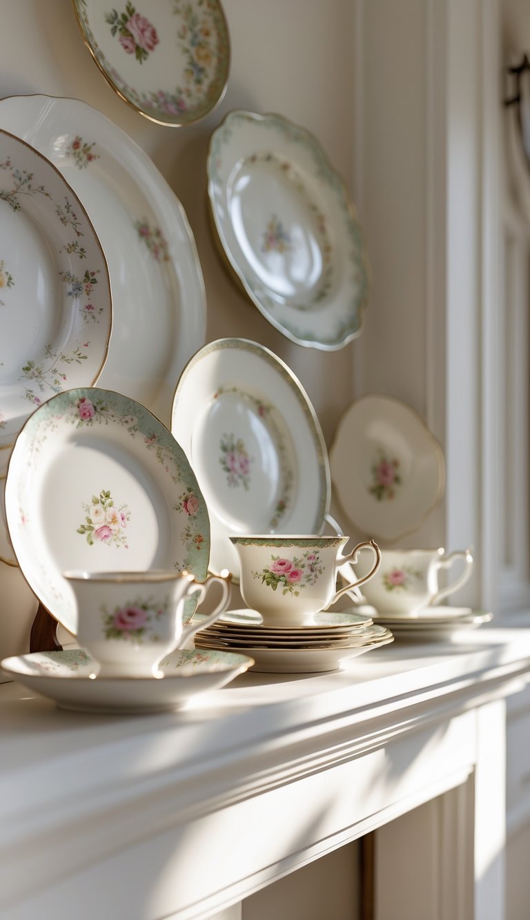 15 Southern Home Decor Secrets to Instantly Warm and Elevate Your Space 2 A collection of vintage china plates and teacups arranged neatly on a shelf in a home.