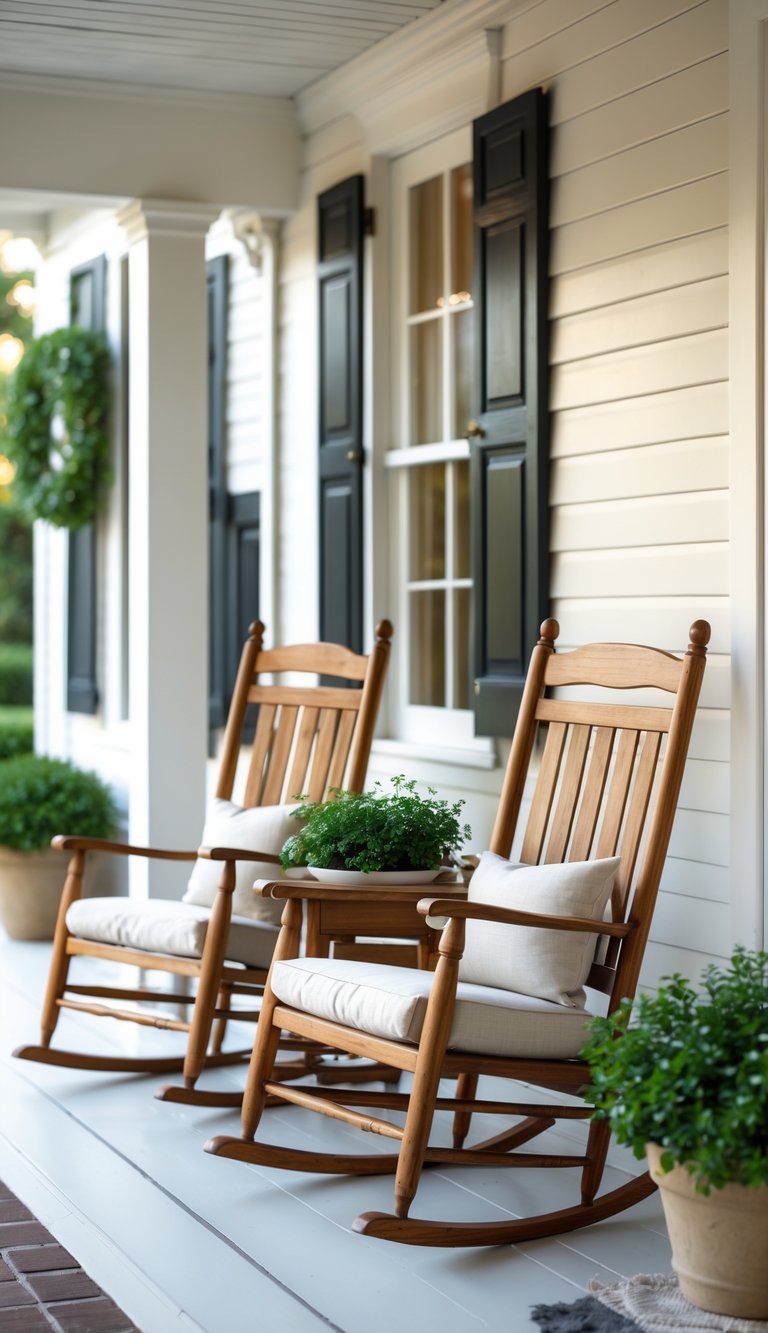15 Southern Home Decor Secrets to Instantly Warm and Elevate Your Space 3 Front porch with two wooden rocking chairs, a small side table, and potted plants outside a southern-style home.