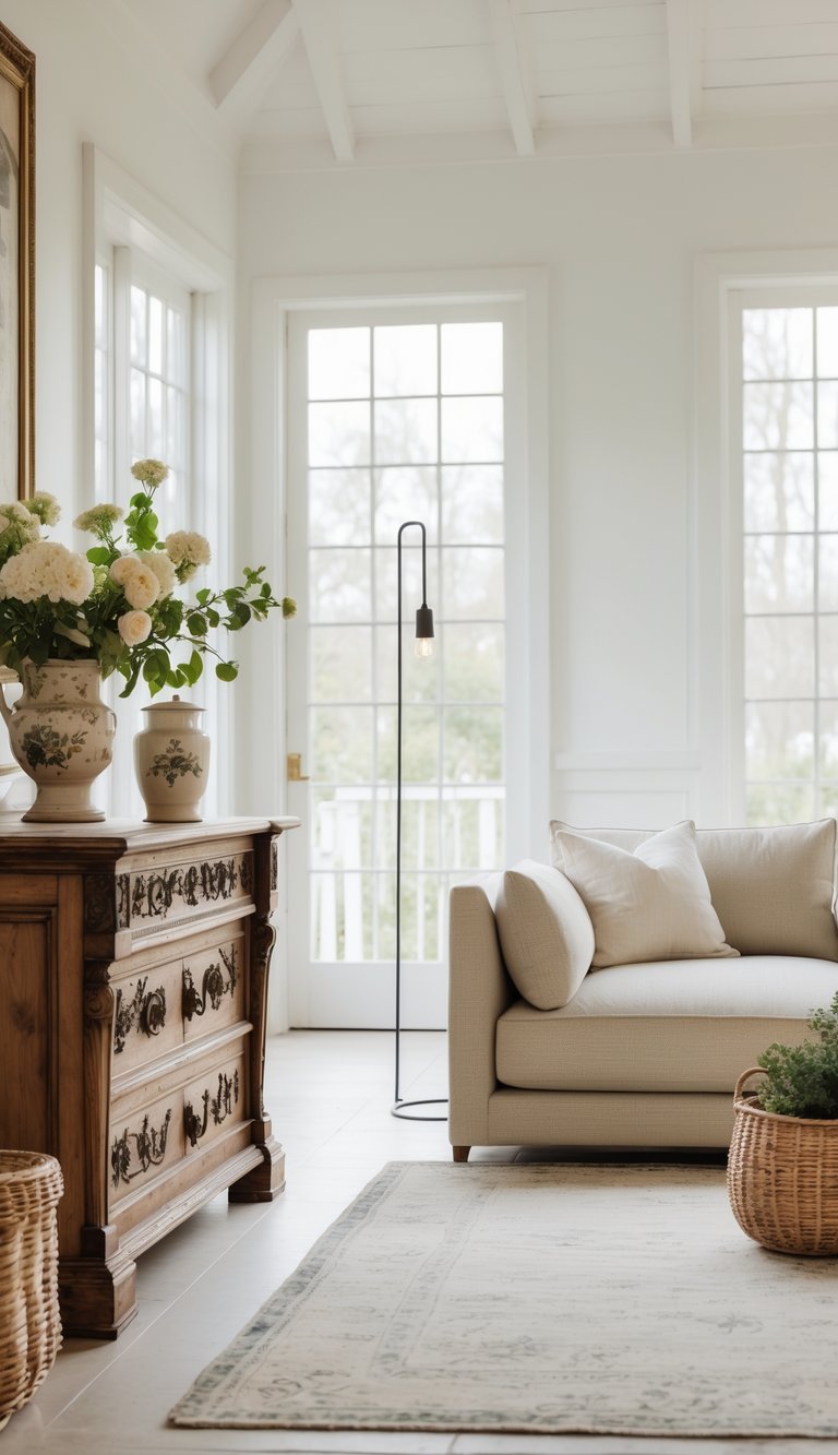 15 Southern Home Decor Secrets to Instantly Warm and Elevate Your Space 4 A bright living room with an antique wooden chest next to a modern sofa, decorated with a vintage vase and a metal floor lamp.