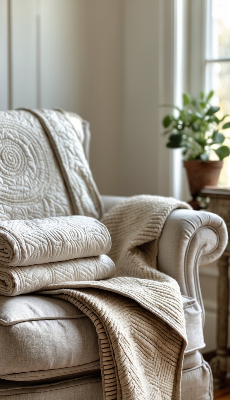 15 Southern Home Decor Secrets to Instantly Warm and Elevate Your Space 5 A cozy corner with a folded quilt and woven throw draped over a wooden armchair next to a small table with a plant.