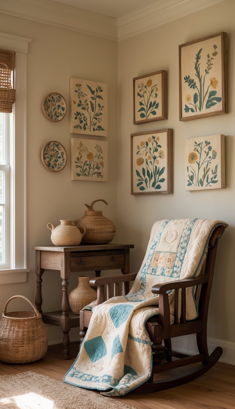 15 Southern Home Decor Secrets to Instantly Warm and Elevate Your Space 6 Cozy living room corner with wooden furniture, woven basket, quilt, and folk art decorations on the wall.