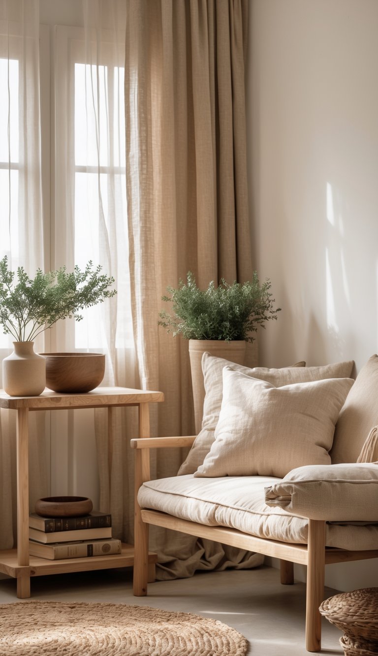 15 Southern Home Decor Secrets to Instantly Warm and Elevate Your Space 7 A cozy living room corner with wooden furniture, beige cushions, a woven rug, and a small potted plant on a side table.