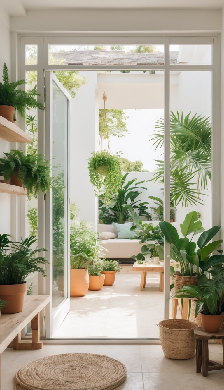 15 Southern Home Decor Secrets to Instantly Warm and Elevate Your Space 8 Indoor living space with large windows, various green plants on shelves and tables, and an open patio with more plants and a wooden bench.