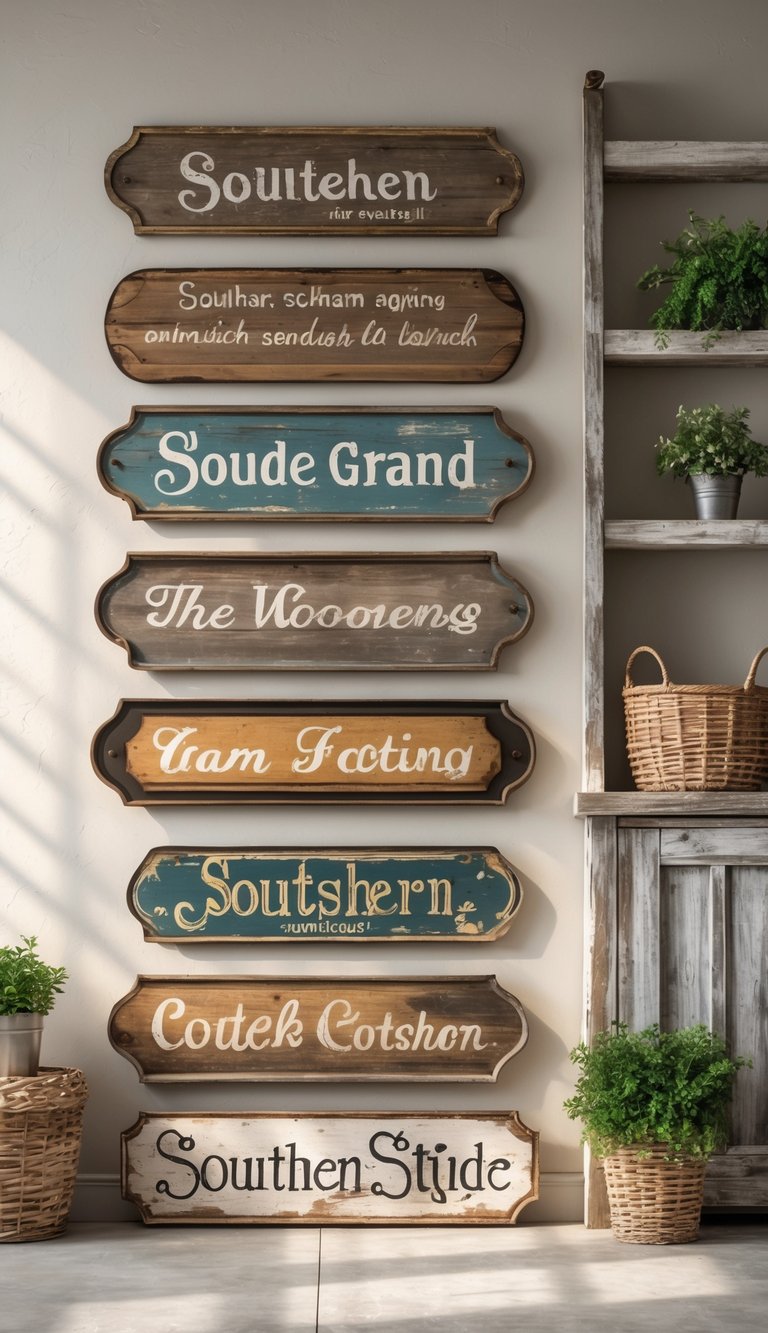 15 Southern Home Decor Secrets to Instantly Warm and Elevate Your Space 9 A rustic indoor scene with vintage wooden and metal signs on a neutral wall, surrounded by woven baskets, wooden shelves, and small plants.