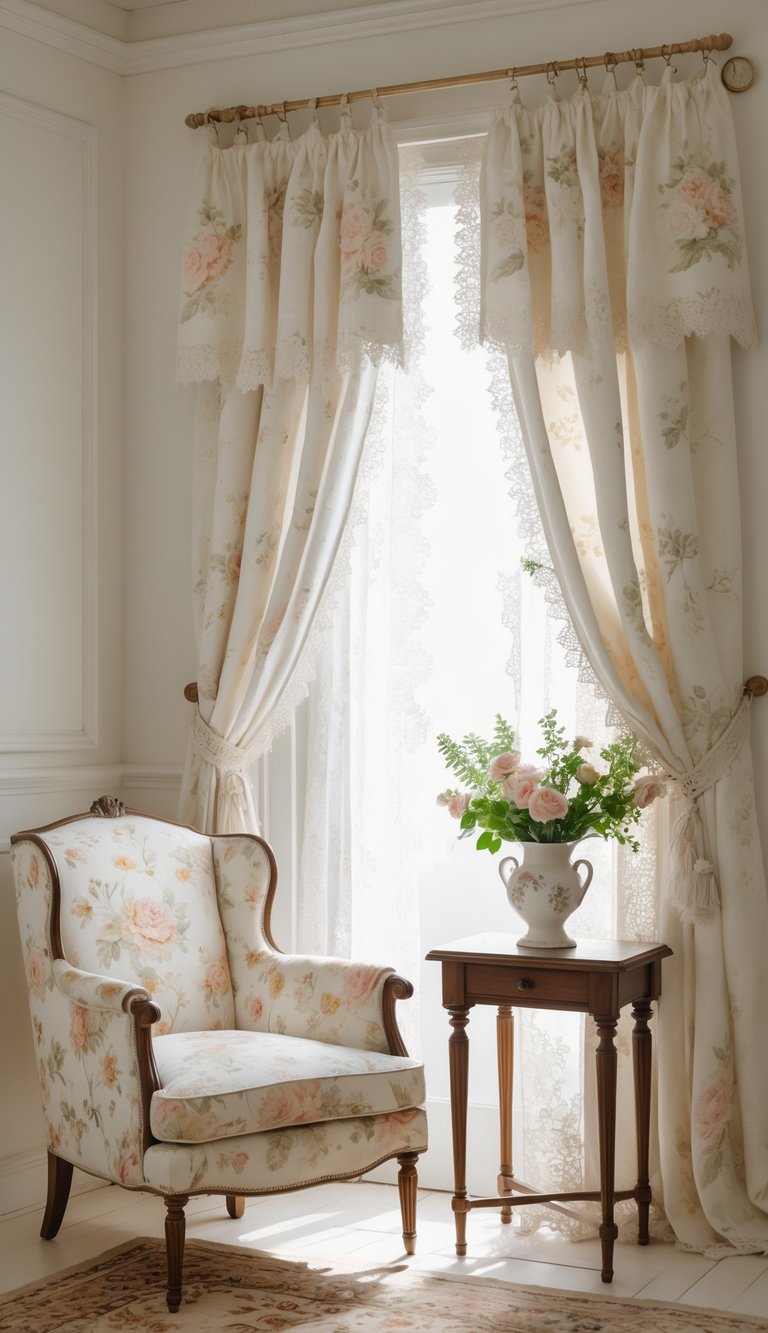 15 Southern Home Decor Secrets to Instantly Warm and Elevate Your Space 10 A cozy living room corner with a floral armchair, a wooden side table holding a vase of fresh flowers, and soft natural light coming through lace curtains.