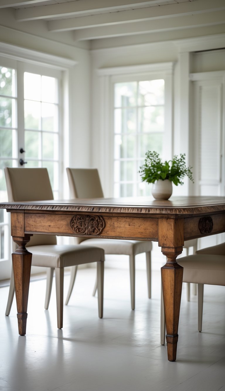 15 Southern Home Decor Secrets to Instantly Warm and Elevate Your Space 11 A dining area with an antique wooden table surrounded by modern chairs in a bright room.
