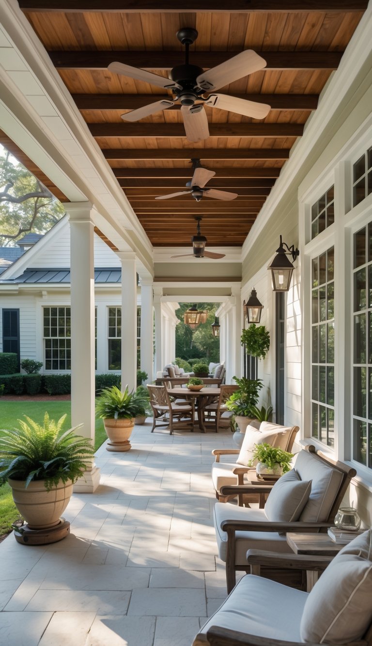 15 Southern Home Decor Secrets to Instantly Warm and Elevate Your Space 12 Covered patio attached to a southern home with outdoor seating, plants, and a garden in the background.