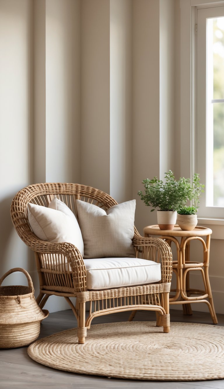 15 Southern Home Decor Secrets to Instantly Warm and Elevate Your Space 13 A cozy living room corner with a wicker armchair, rattan side table, and woven basket near a window.
