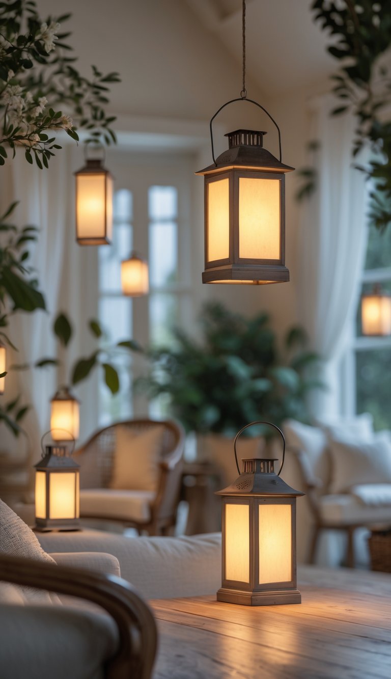 15 Southern Home Decor Secrets to Instantly Warm and Elevate Your Space 14 A cozy Southern living space softly lit by vintage lanterns, featuring wooden furniture and natural decor elements.