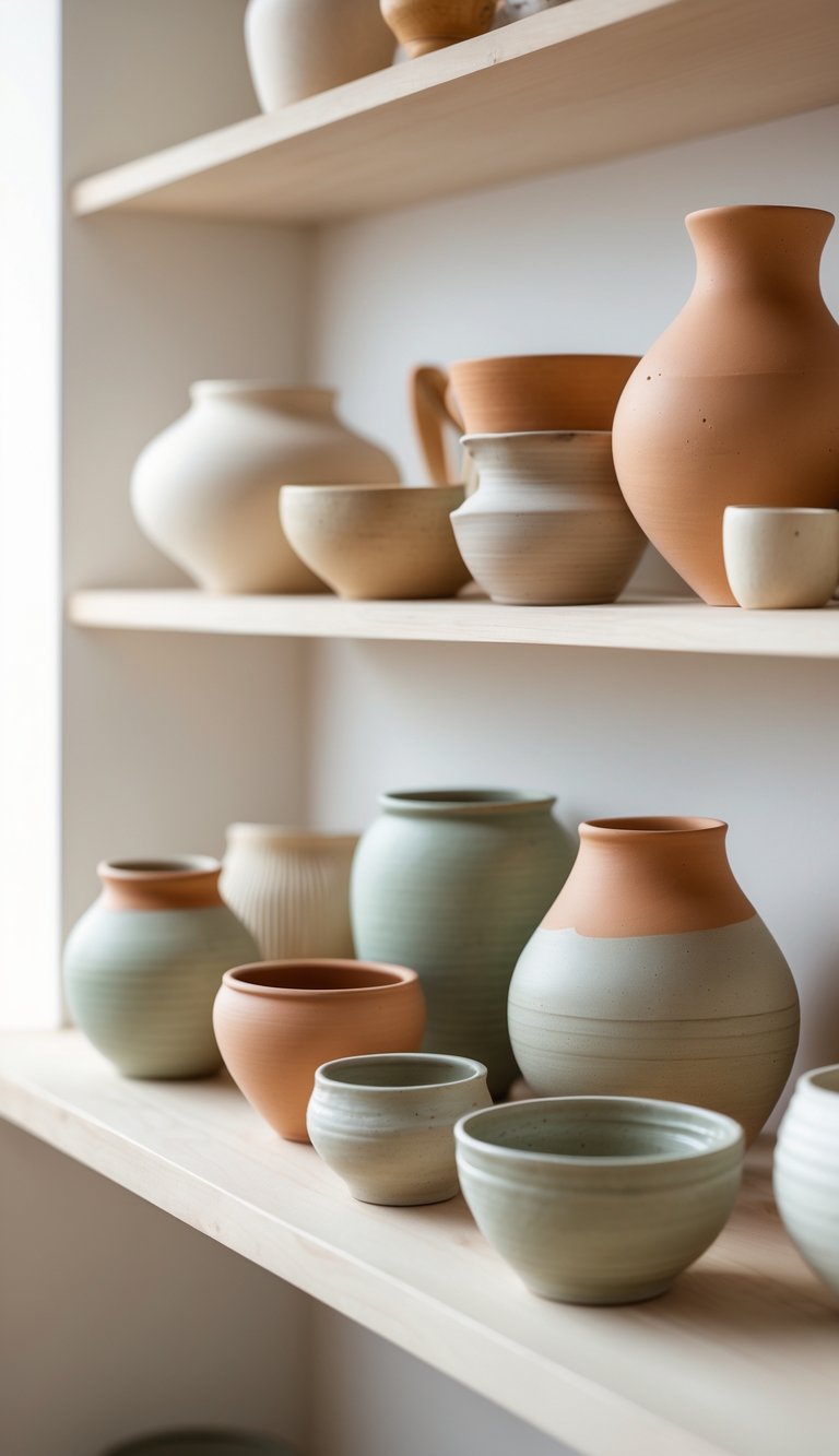 15 Southern Home Decor Secrets to Instantly Warm and Elevate Your Space 15 A collection of handmade pottery and ceramics displayed on a wooden surface with natural light.