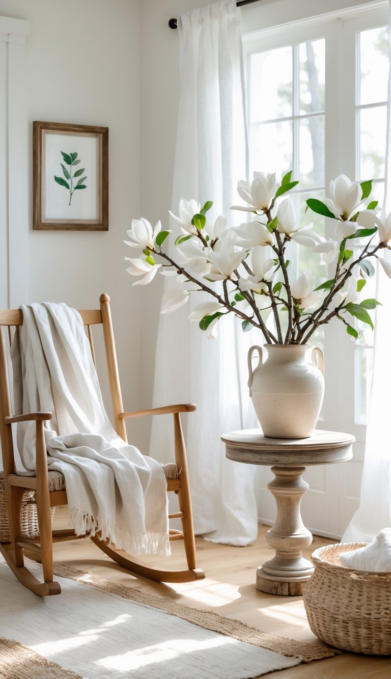 15 Southern Home Decor Secrets to Instantly Warm and Elevate Your Space 16 A bright living room corner with a wooden rocking chair, a side table holding a vase of magnolia branches, a woven basket, and a framed botanical print on the wall.