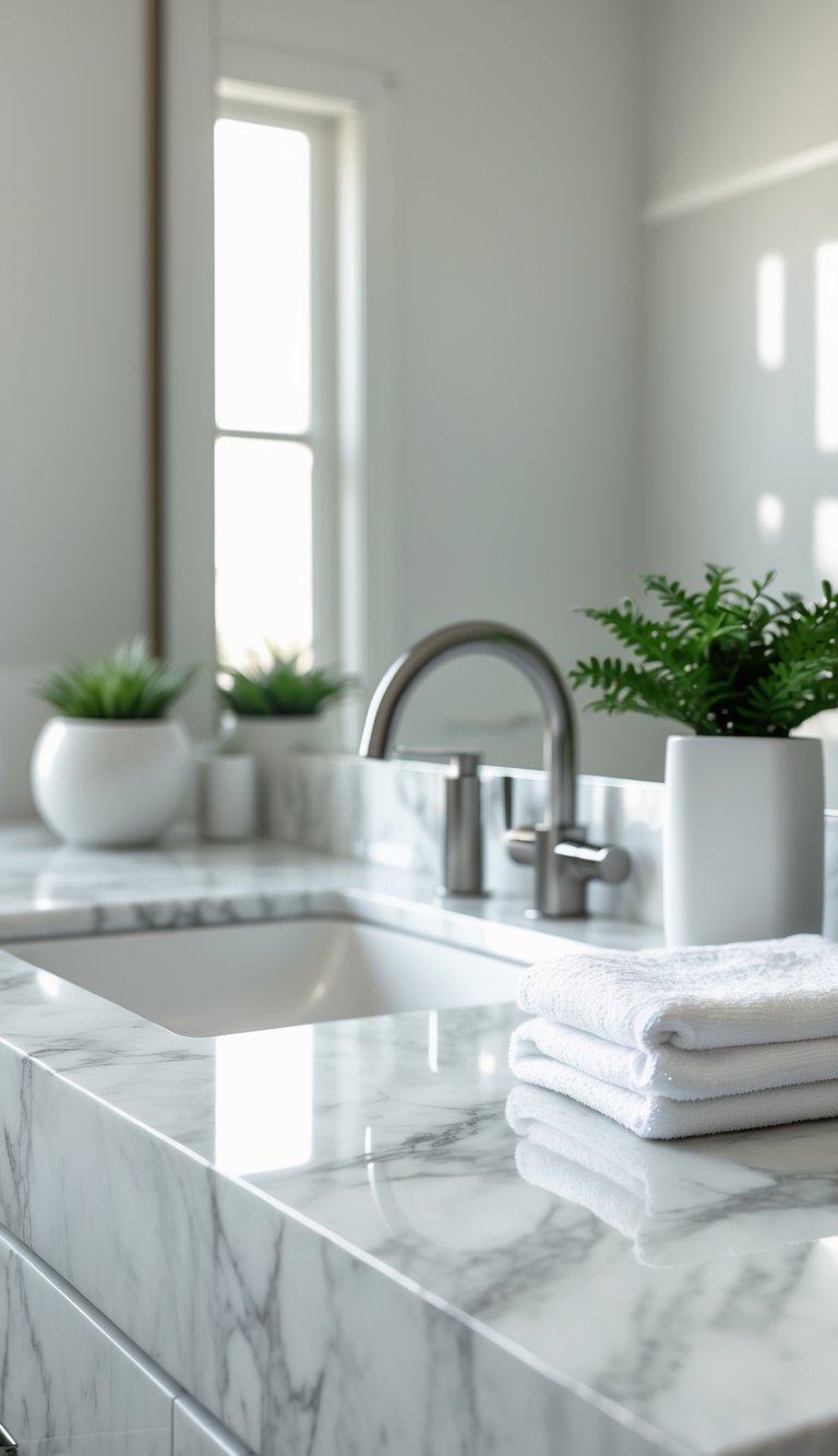 13 Elegant Bathroom Decor Ideas to Transform Small and Large Spaces with Timeless Style 1 A bathroom countertop made of white marble with a faucet, a small green plant, and a folded towel.